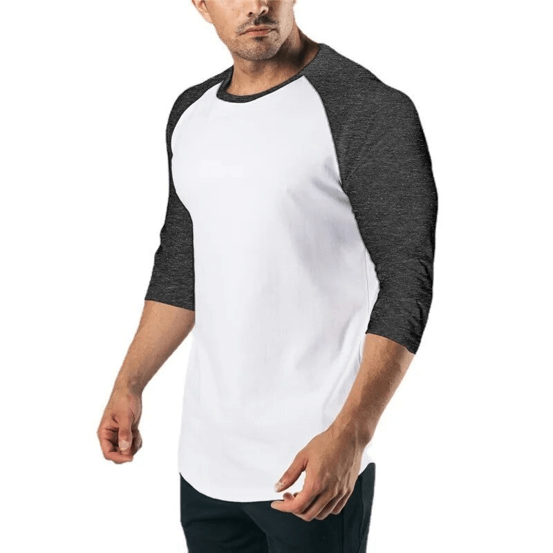 Fashion male top in cotton with three-quarter raglan sleeves, O-neck, and patchwork design, perfect for modern wardrobe essentials.