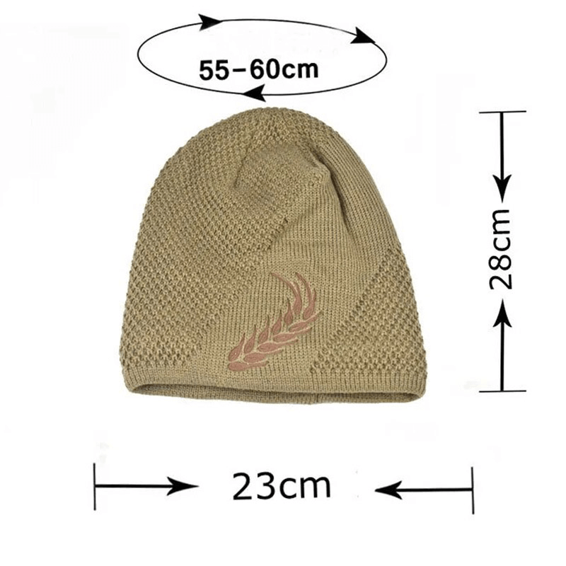 Fashion warm knitted ski beanie with wheat ear pattern, unisex polyester hat, measures 55-60cm width, 28cm height, 23cm width.