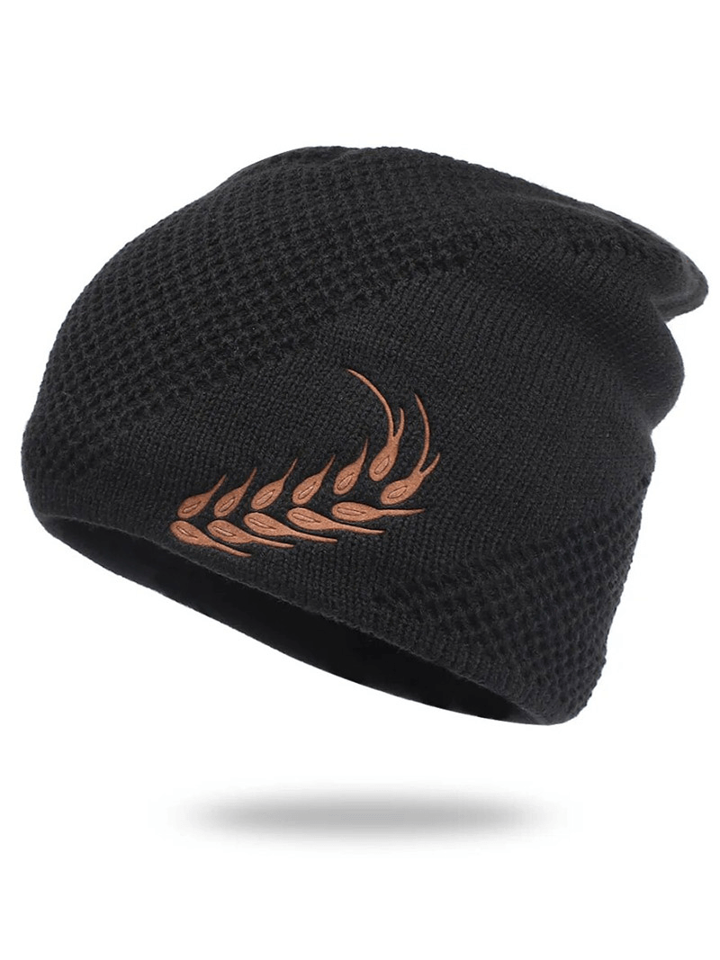 Fashion warm knitted ski beanie with wheat ear pattern, unisex polyester design, perfect for outdoor activities, black color - SF1676