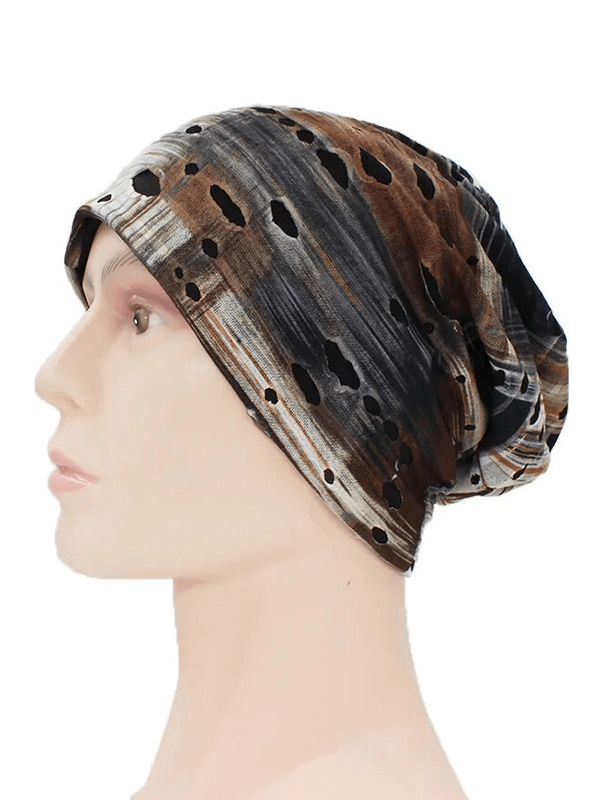 Side view of unisex fashion warm thin baggy beanie with holes, geometric pattern, in brown shades, perfect for keeping warm in style.