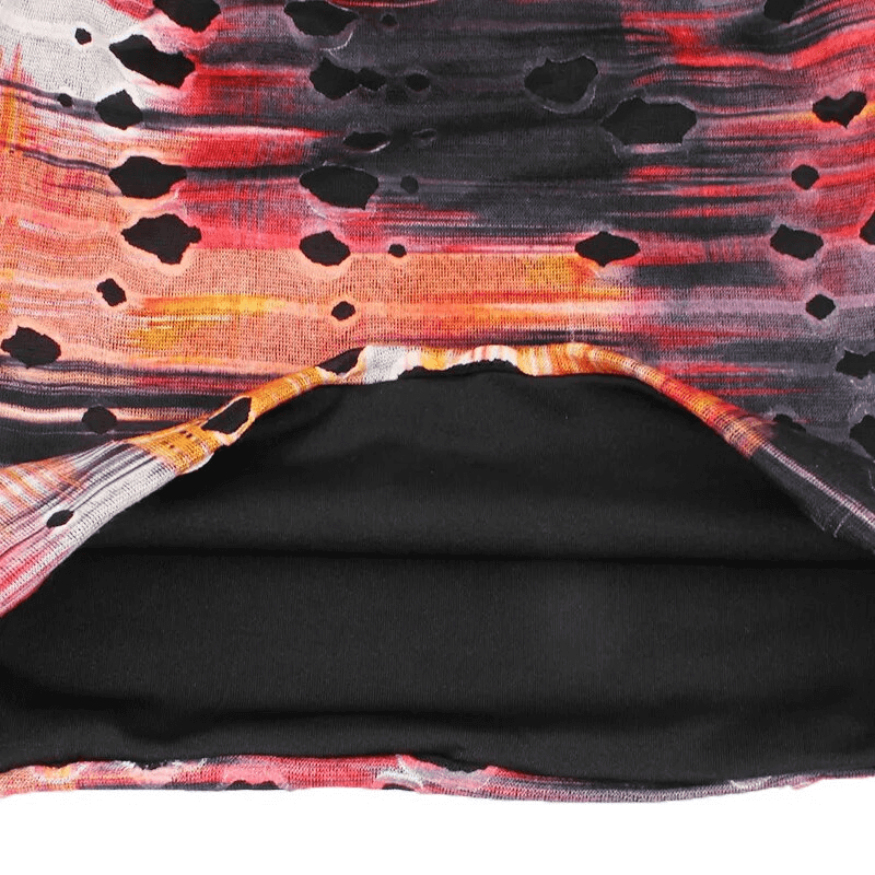 Colorful geometric pattern of a warm baggy beanie with stylish holes, emphasizing casual fashion and polyester material.