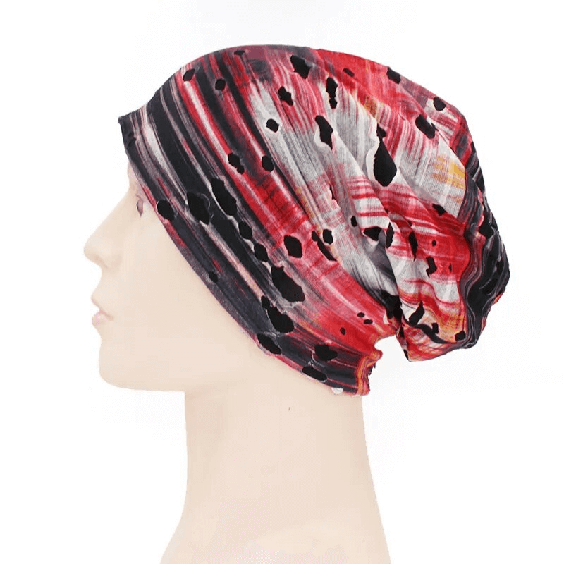 Unisex red geometric patterned baggy beanie SF1665 for stylish casual warmth.