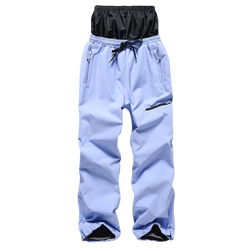 Light blue windproof and waterproof unisex snowboarding pants SF1842 with black waistband, made from polyester with zipper fly closure.