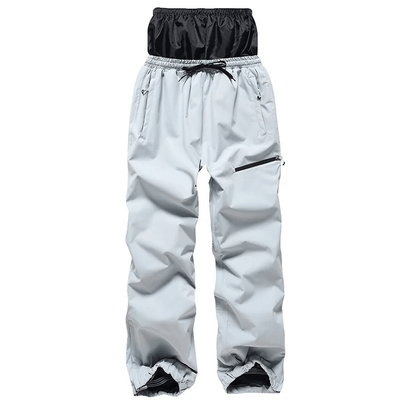 Unisex windproof and waterproof snowboarding pants in light gray with zipper fly, designed for warmth and comfort in winter sports.