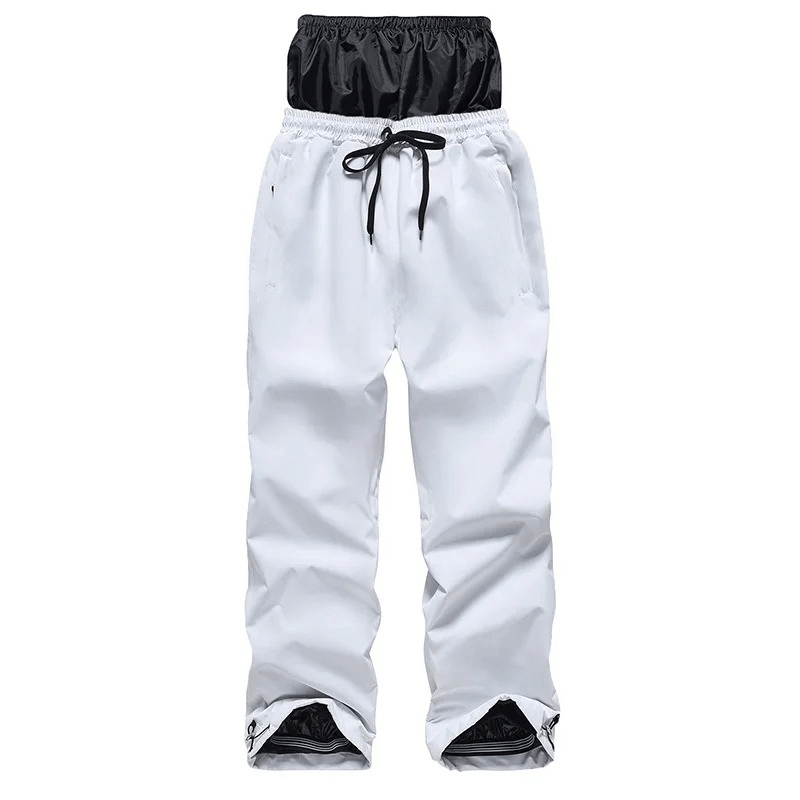 Fashionable white snowboarding pants, windproof and waterproof, with drawstring and zipper fly. Ideal for winter sports enthusiasts.