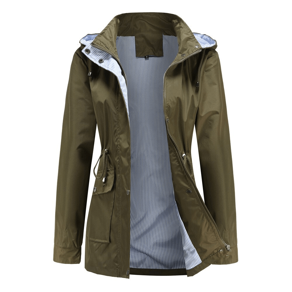 Olive green waterproof trench coat with detachable hood for women, showcasing modern style with a slim fit, mandarin collar, and pockets.