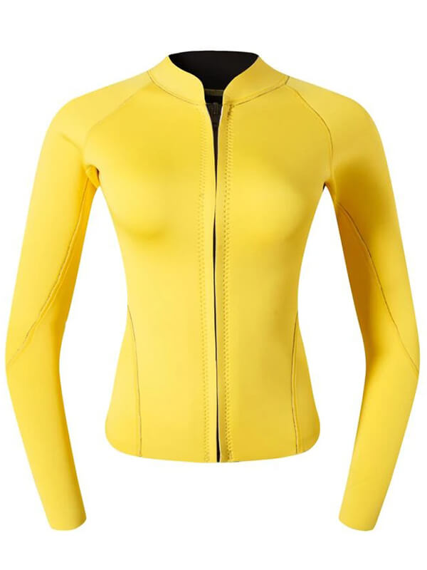 Bright yellow women's rashguard for deep-diving and surfing, 2mm thick, full-zip design, durable microfiber, SF0463.