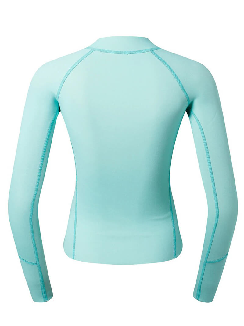 Mint green women's rashguard for deep-diving surfing, 2mm thickness for protection and comfort, ideal for watersports enthusiasts.