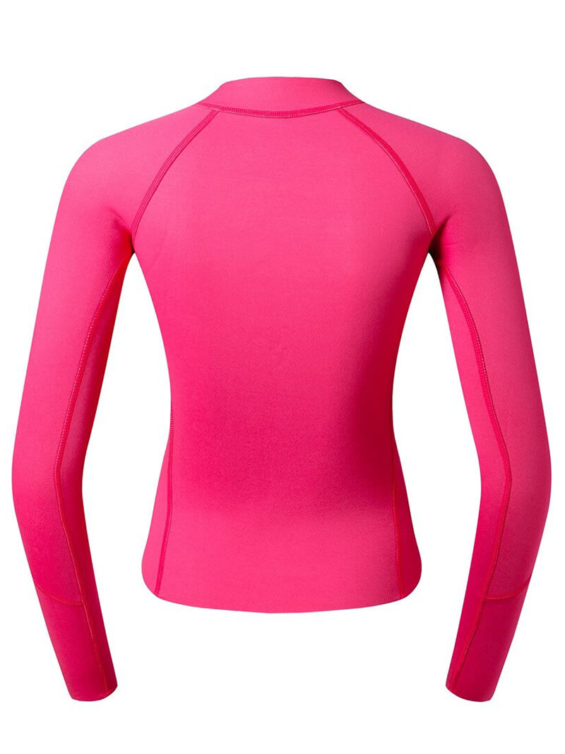 Bright pink women's rashguard for deep-diving surfing, designed for comfort and protection with 2mm thickness, perfect for watersports.
