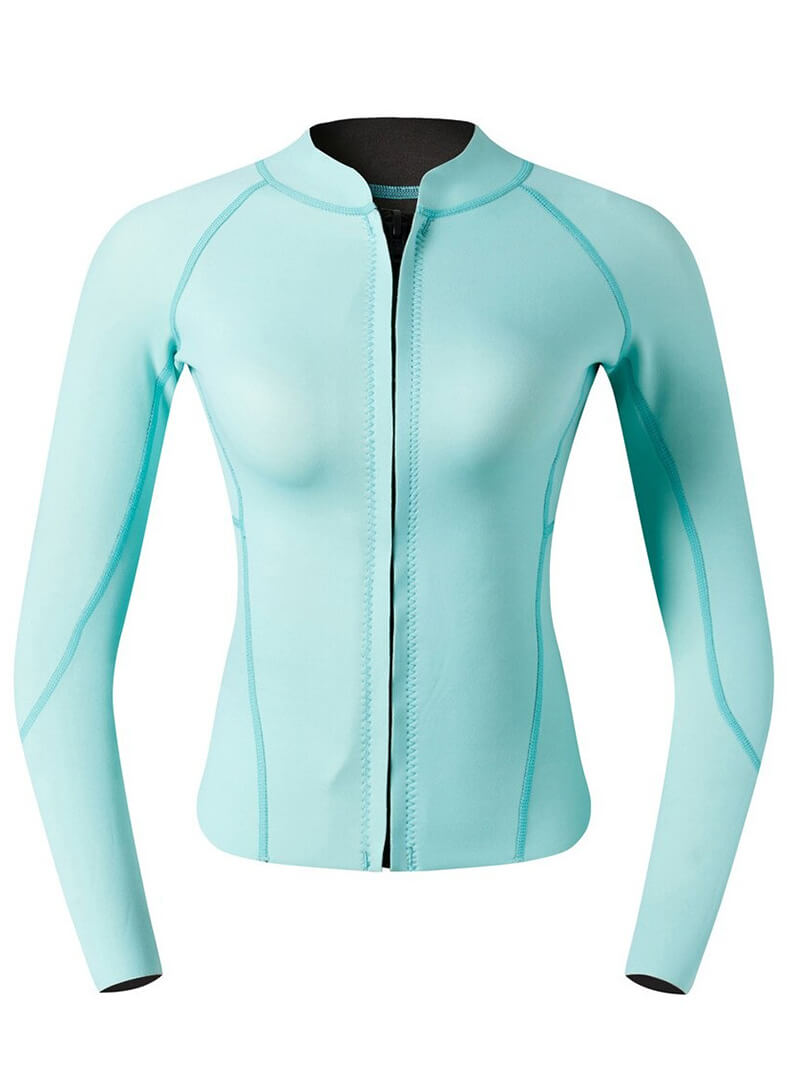 Turquoise women's rashguard for deep-diving surfing, 2mm thick, long sleeves, front zipper, perfect for watersports durability.