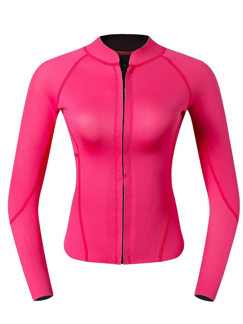 Bright pink women's rashguard for deep-diving surfing, 2mm thick, crafted from durable microfiber for comfort and performance.