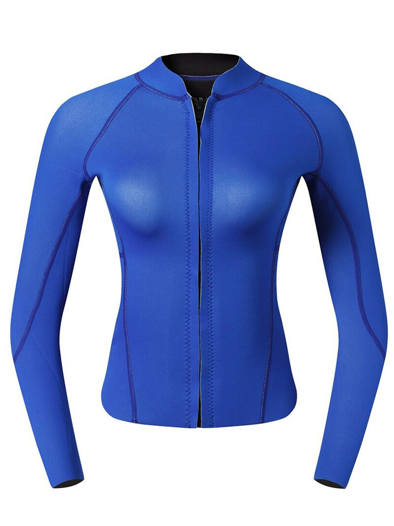 Women's blue rashguard for deep-diving surfing, 2mm thick, fashionable and durable design for watersports.