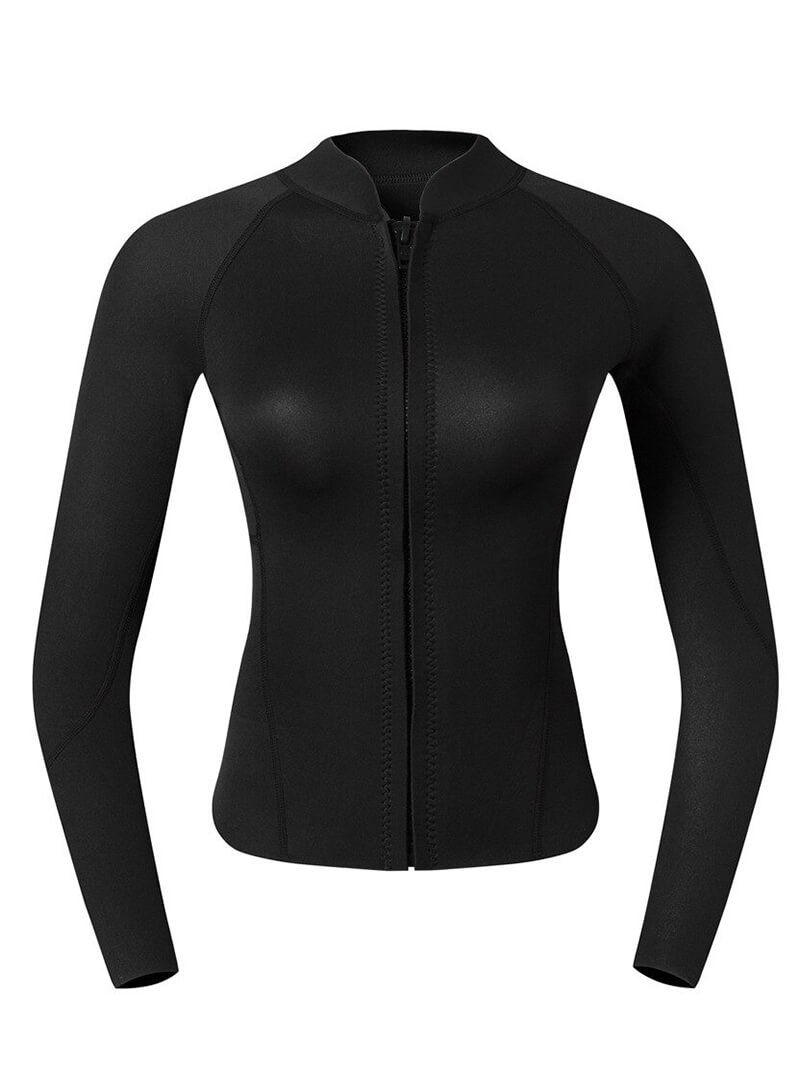 Women's black long-sleeve rashguard for deep-diving and surfing, made from durable microfiber, 2mm thickness, style SF0463.