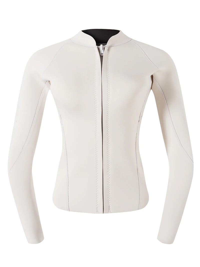 Fashion women's rashguard for deep-diving surfing, 2mm thick in white, designed for comfort and durability. Ideal for female swimmers.