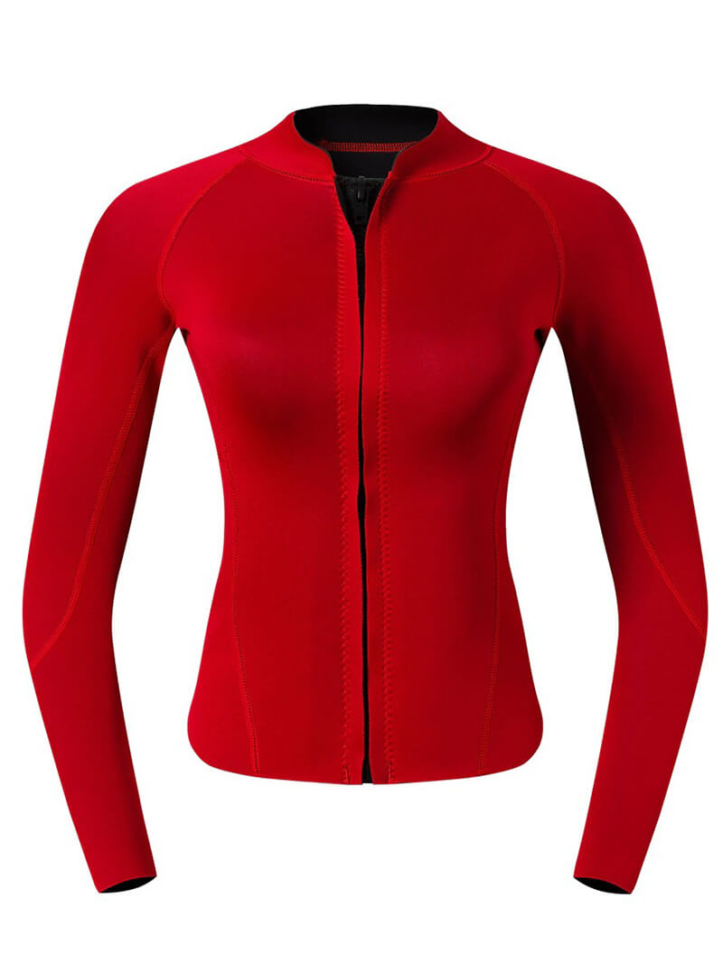 Red women's rashguard for deep-diving surfing, 2mm thickness, microfiber material, secure fit, ideal for watersports.
