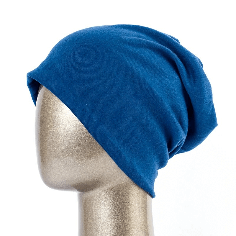 Fashionable cotton casual women's beanie in blue, perfect for cozy and stylish outfits
