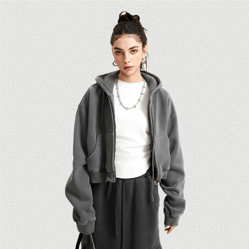 Fashionable fleece short women's hoodie with zipper, featuring distressed design and thick fleece, ideal for breezy evenings - SF1672