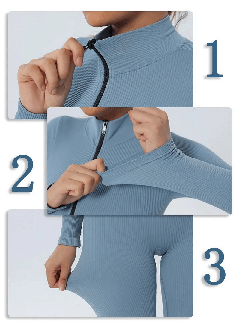 Close-up of blue seamless zip-up bodycon jumpsuit in steps of zipping, showcasing flexible fit for women's training and yoga.