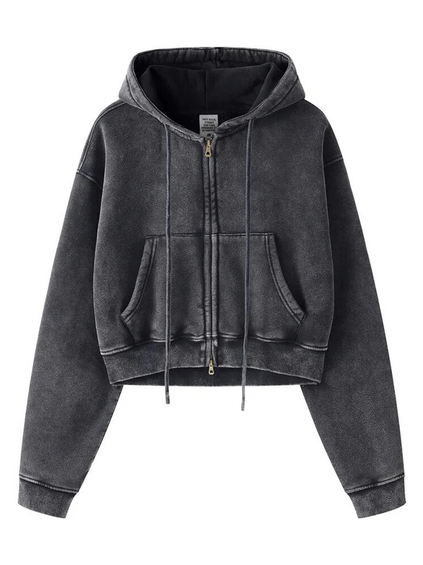 Fashionable fleece short women's hoodie with zipper, distressed design in black, ideal for casual outings - SF1672