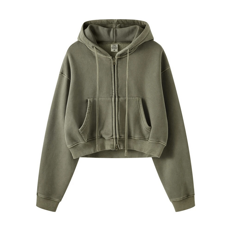 Fashionable fleece short women's hoodie with zipper, olive green, featuring distressed decorations and cozy thick fleece material.