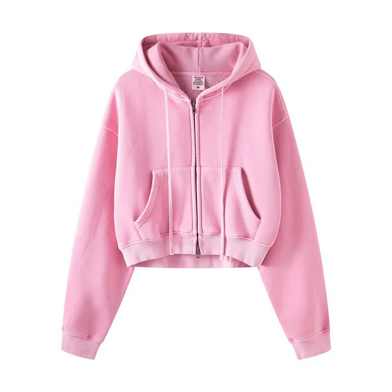 Pink fashionable fleece short women's hoodie with zipper, featuring pockets and a cozy hood. Stylish and comfy for everyday wear.