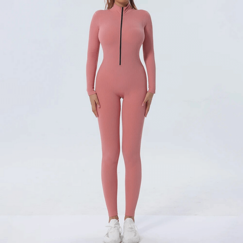 Women's pink seamless zip-up bodycon jumpsuit for training, designed with nylon for comfort and flexibility during workouts.
