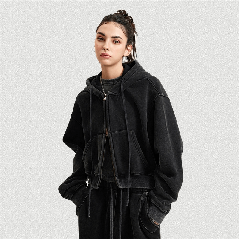 Fashionable fleece short women's hoodie with zipper in black, distressed design. Perfect for breezy evenings. SF1672 model.