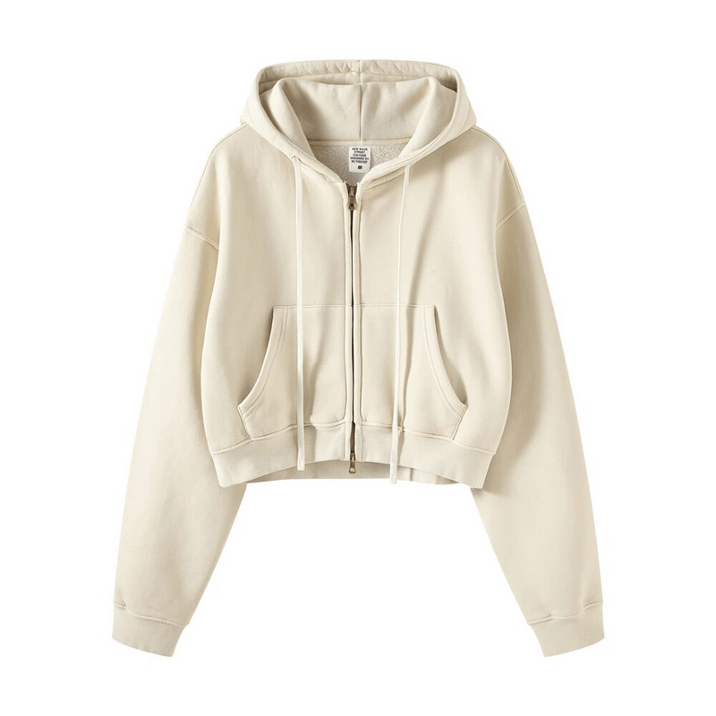 Fashionable fleece short women's hoodie with zipper in cream color, perfect for stylish and comfy outfits. SF1672.
