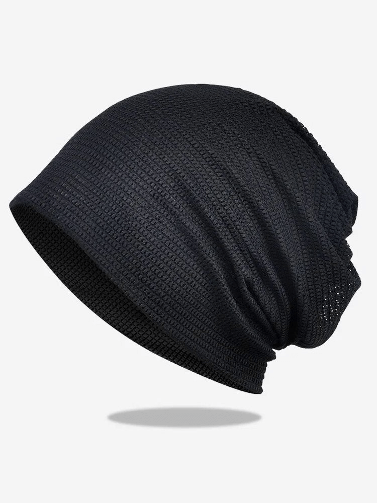 Black lightweight mesh unisex beanie offering SPF 50+ sun protection; breathable and quick-drying polyester fashion accessory.