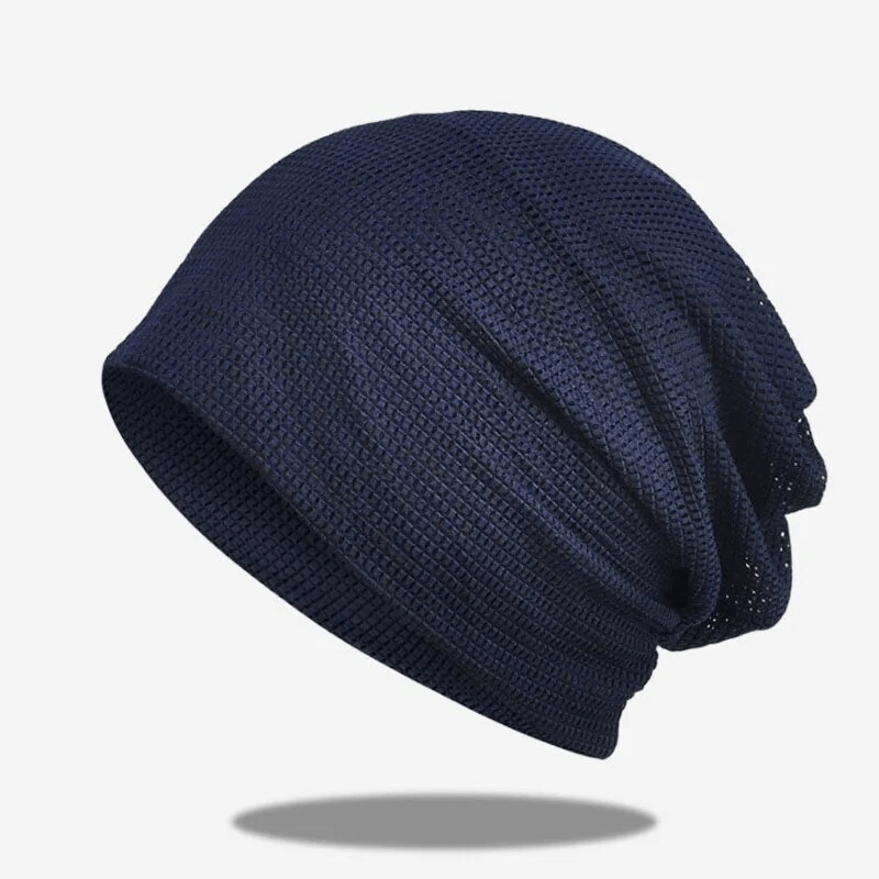Fashionable Lightweight Mesh Unisex Beanie in navy blue, featuring breathable quick-dry polyester with SPF 50+ sun protection.