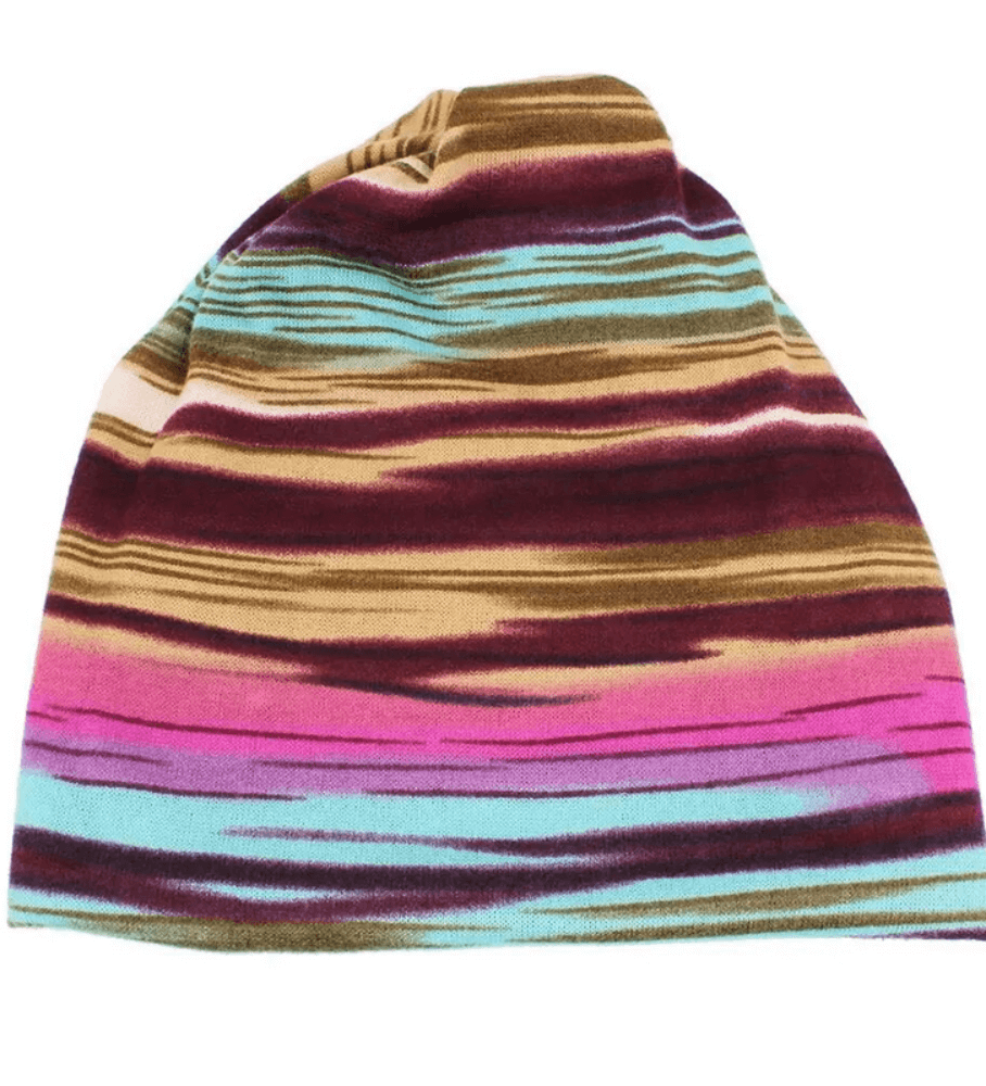 Fashionable multi-colored insulated women's beanie SF1690 with striped pattern, designed for warmth and style in cold weather.