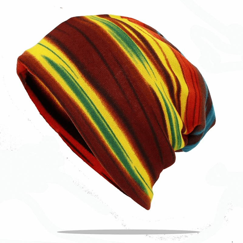 Fashionable multi-colored insulated women's beanie with striped pattern for warmth and comfort. Casual style, polyester material.
