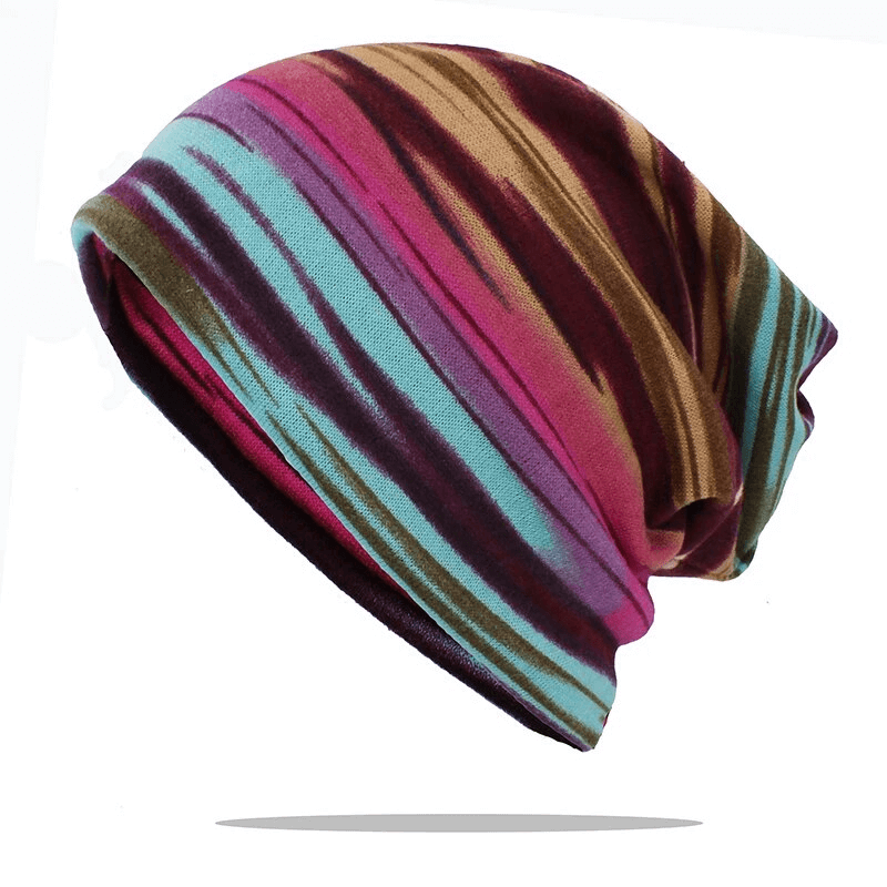 Fashionable multi-colored insulated women's beanie SF1690 with striped design made from lightweight polyester for warmth and style.