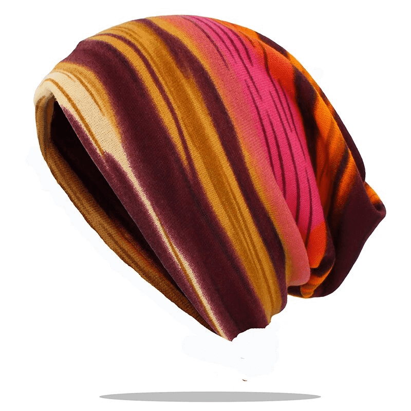 Fashionable multi-colored insulated women's beanie with striped pattern, designed for warmth and style, made from lightweight polyester.