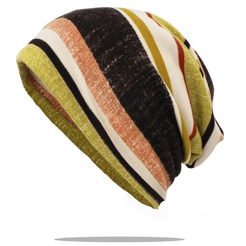 Multi-colored insulated women's beanie with stylish striped pattern, designed for warmth and comfort in cold weather.