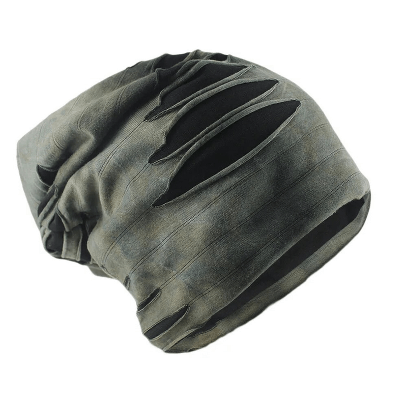 Stylish men's beanie with ripped holes and geometric pattern, ideal for casual wear and keeping warm. Made from durable polyester.