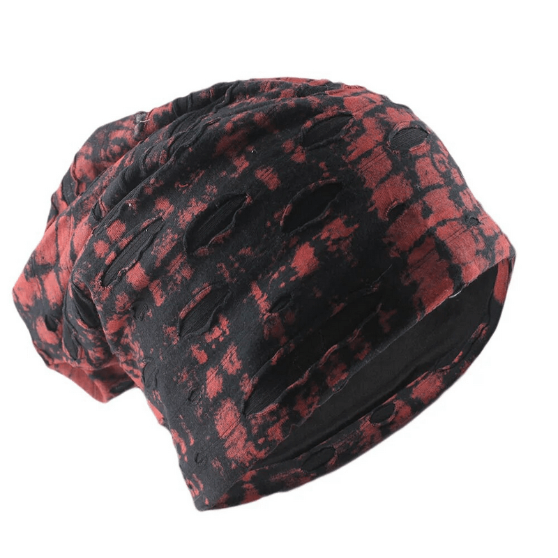 Fashionable sports men's beanie with ripped holes and geometric pattern in red and black, made of polyester for warmth and style, SF1687.
