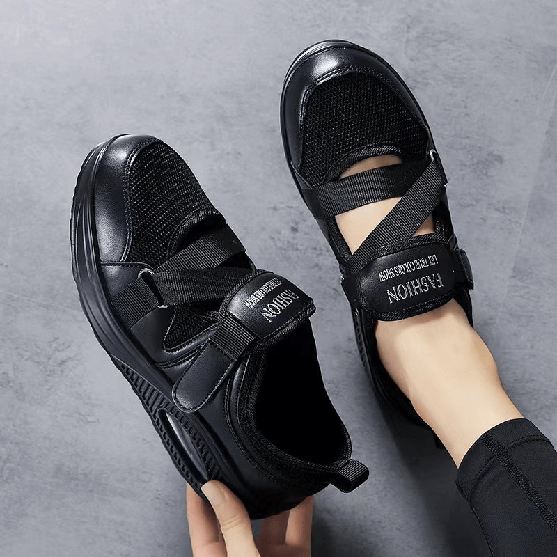 Fashionable black sports mesh women's sneakers with platform and stylish design, featuring air-mesh upper and PU insole for comfort.
