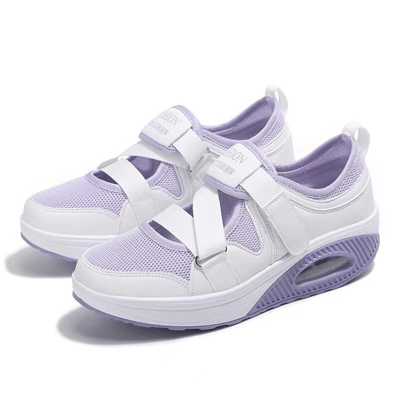 Fashionable sports mesh women's platform sneakers SF1540 with air-mesh upper, PU insole, and hollow design in white and lavender.