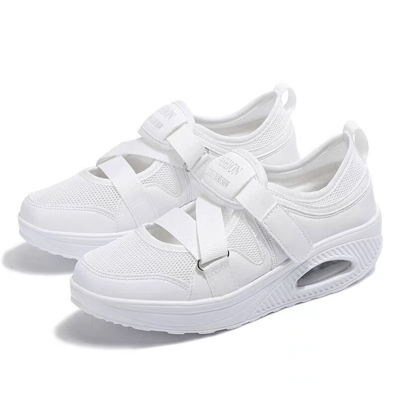 Fashionable sports mesh women's sneakers on platform with stylish air-mesh upper, hollow design, and PU insole for comfort.