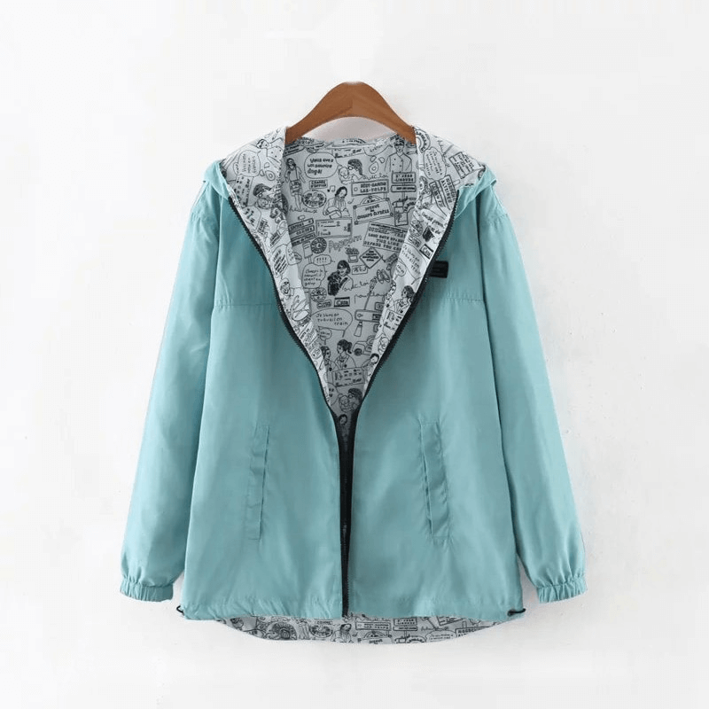Fashionable breathable two-sided women's windbreaker with hood, featuring a stylish zipper and wide-waisted design. Model SF1478.