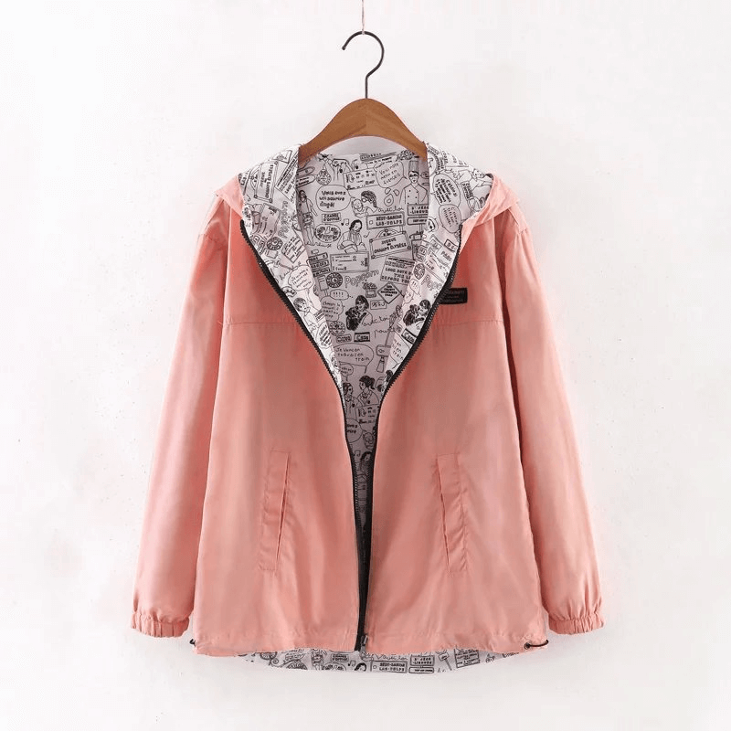 Two-sided breathable pink windbreaker with hood for women, featuring stylish zipper and printed lining. Perfect for fashion and comfort.