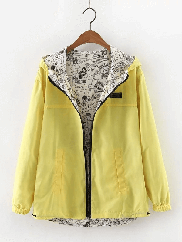 Yellow two-sided breathable women's windbreaker with hood and zipper closure, featuring a stylish pattern inside.