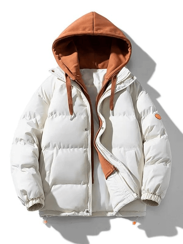 Fashionable warm unisex hooded down jacket with detachable hood, cotton filling, polyester lining, and casual style in white and orange.