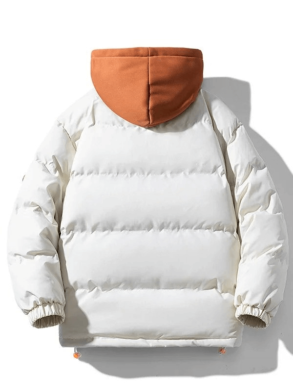 Fashionable unisex white hooded down jacket with orange hood, perfect for winter. Style SF1938, warm and cozy casual wear.