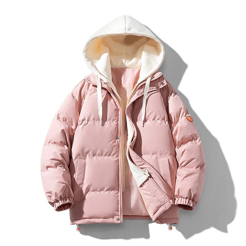 Fashionable warm unisex hooded down jacket SF1938 in pink with detachable hood, zipper closure, and cozy cotton filling for winter style.