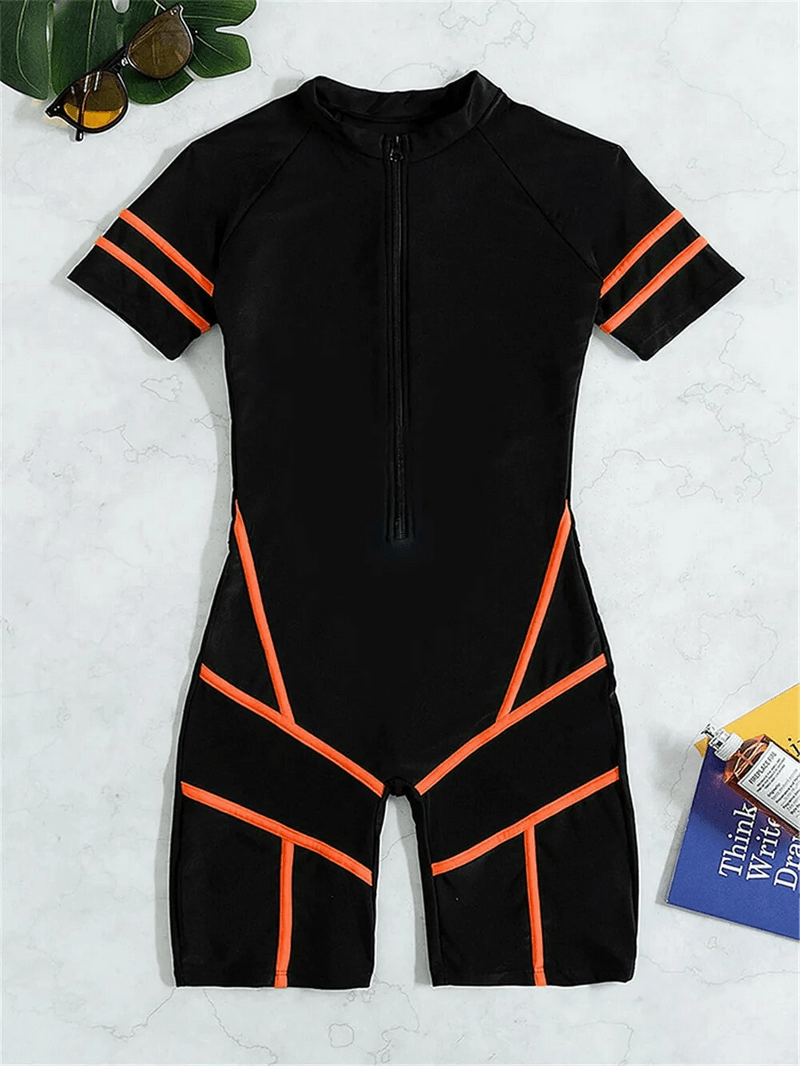 Fashionable Women's One Piece Swimsuit with Front Zipper, black with orange accents, sporty and stylish for beach or pool.