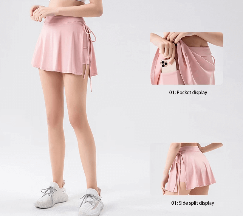 Woman wearing pink tennis skirt-shorts with side split and pocket, ideal for sports like badminton, golf, yoga, and running.
