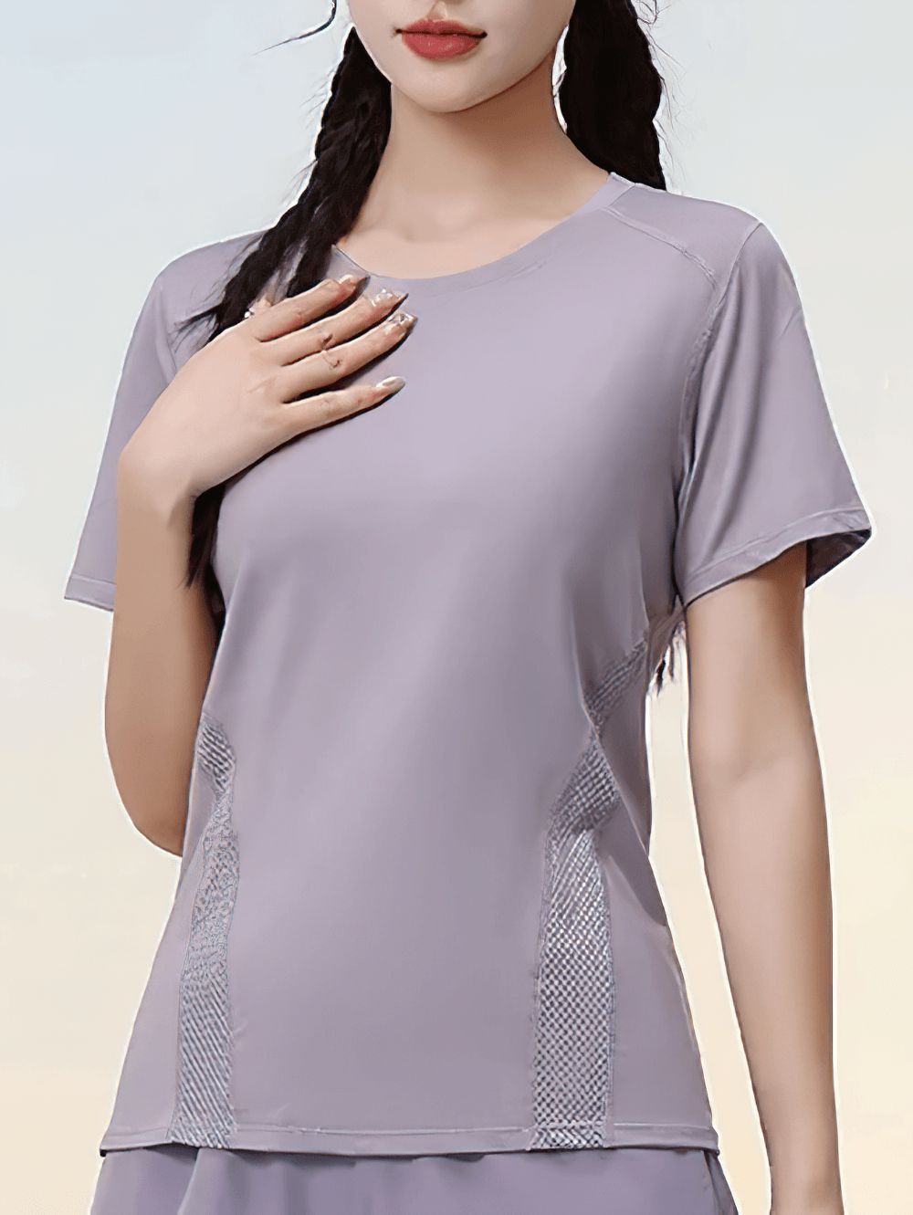 Alt Tag: Female Back Mesh Quick Dry Running T-Shirt - SF4491 in light purple, short sleeve women’s workout top with breathable mesh panels