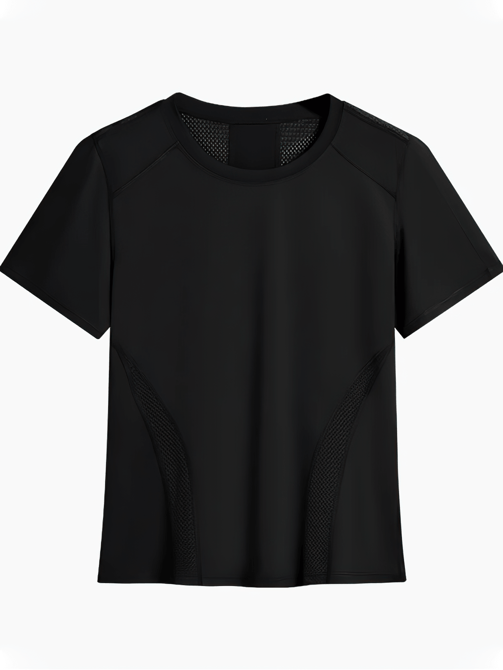Alt Tag: Female Back Mesh Quick Dry Running T-Shirt - SF4491 black short sleeve athletic top with breathable mesh panels, front view